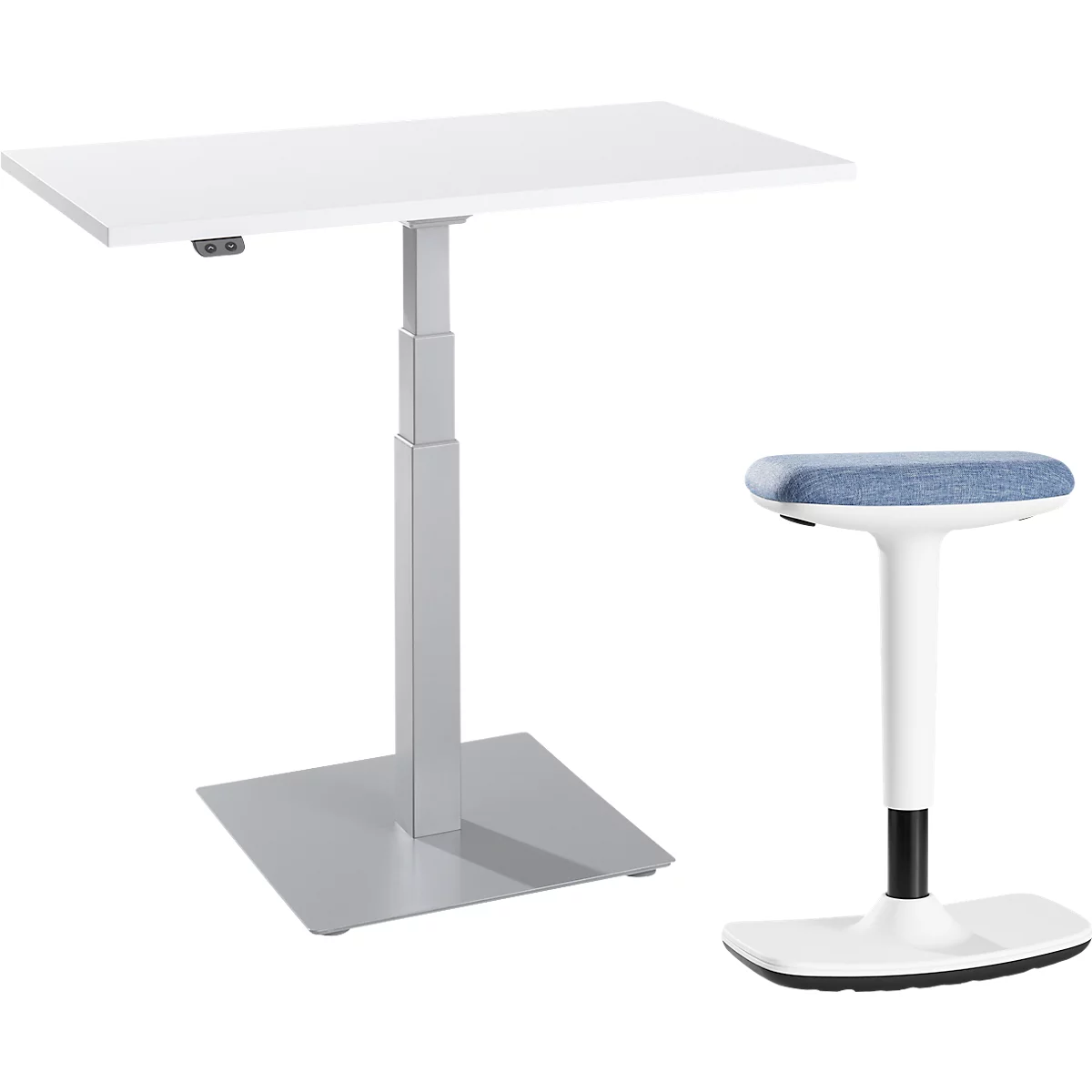 Ensemble de 2 meubles de bureau, table d'appoint mono-colonne Start Off, réglage électrique de la hauteur, blanc/blanc-aluminium 