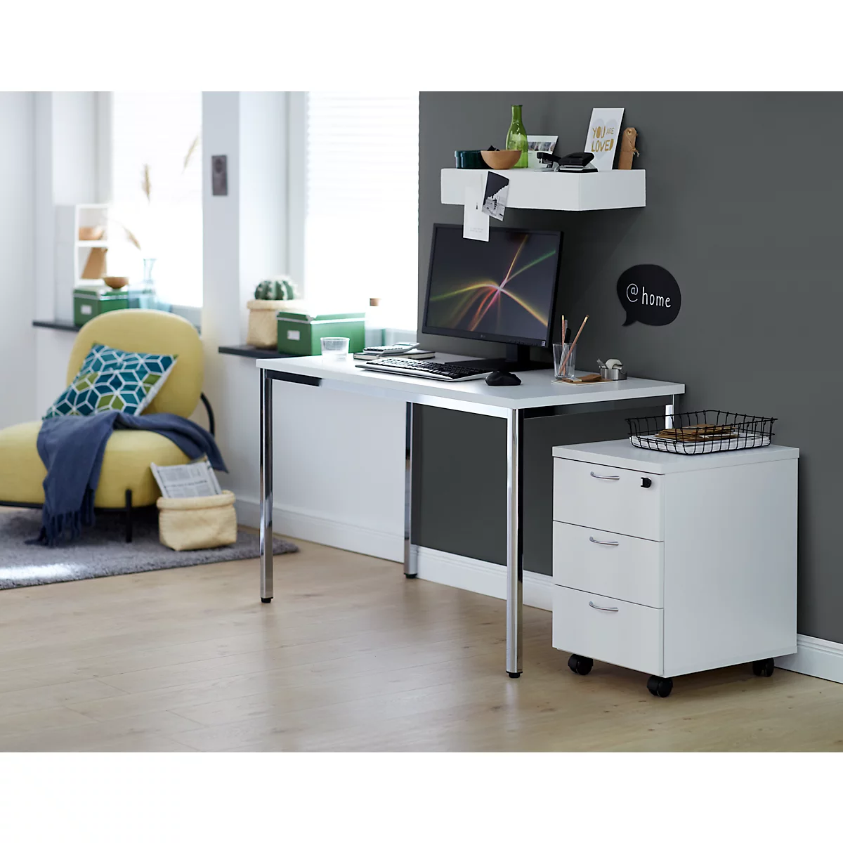Ensemble de meubles de bureau 2 pièces, table de bureau à domicile, blanc/argent chromé 