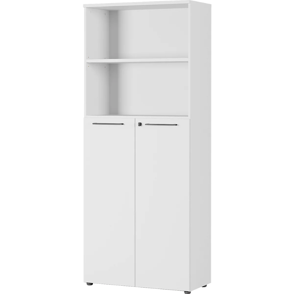 Armoire de bureau blanche avec deux portes et deux étagères ouvertes.