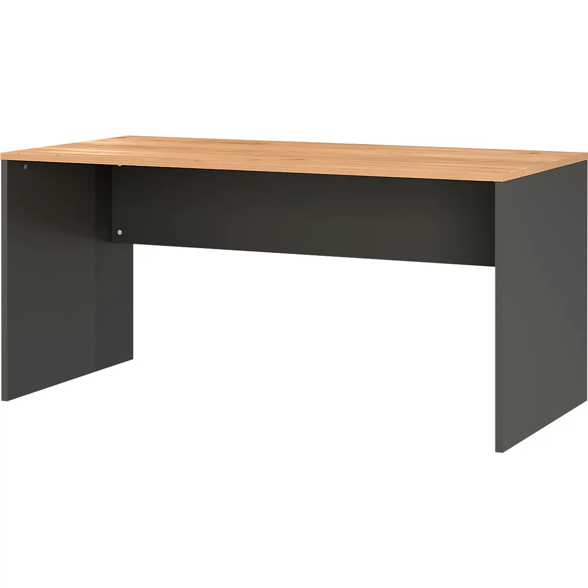 Ensemble de meubles de bureau Boston en 3 parties, 1 bureau à joues, L 1580 x P 790 mm, 1 caisson à roulettes, L 410 x P 500 x H 600 mm, anthracite/chêne Navarra