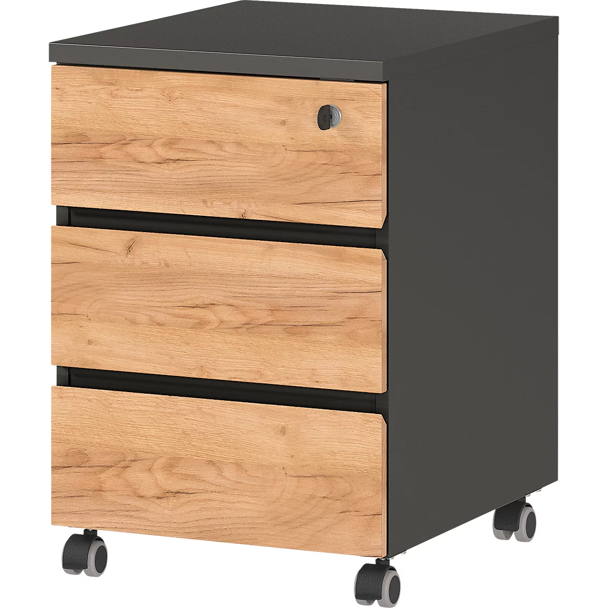 Ensemble de meubles de bureau Boston en 3 parties, 1 bureau à joues, L 1580 x P 790 mm, 1 caisson à roulettes, L 410 x P 500 x H 600 mm, anthracite/chêne Navarra
