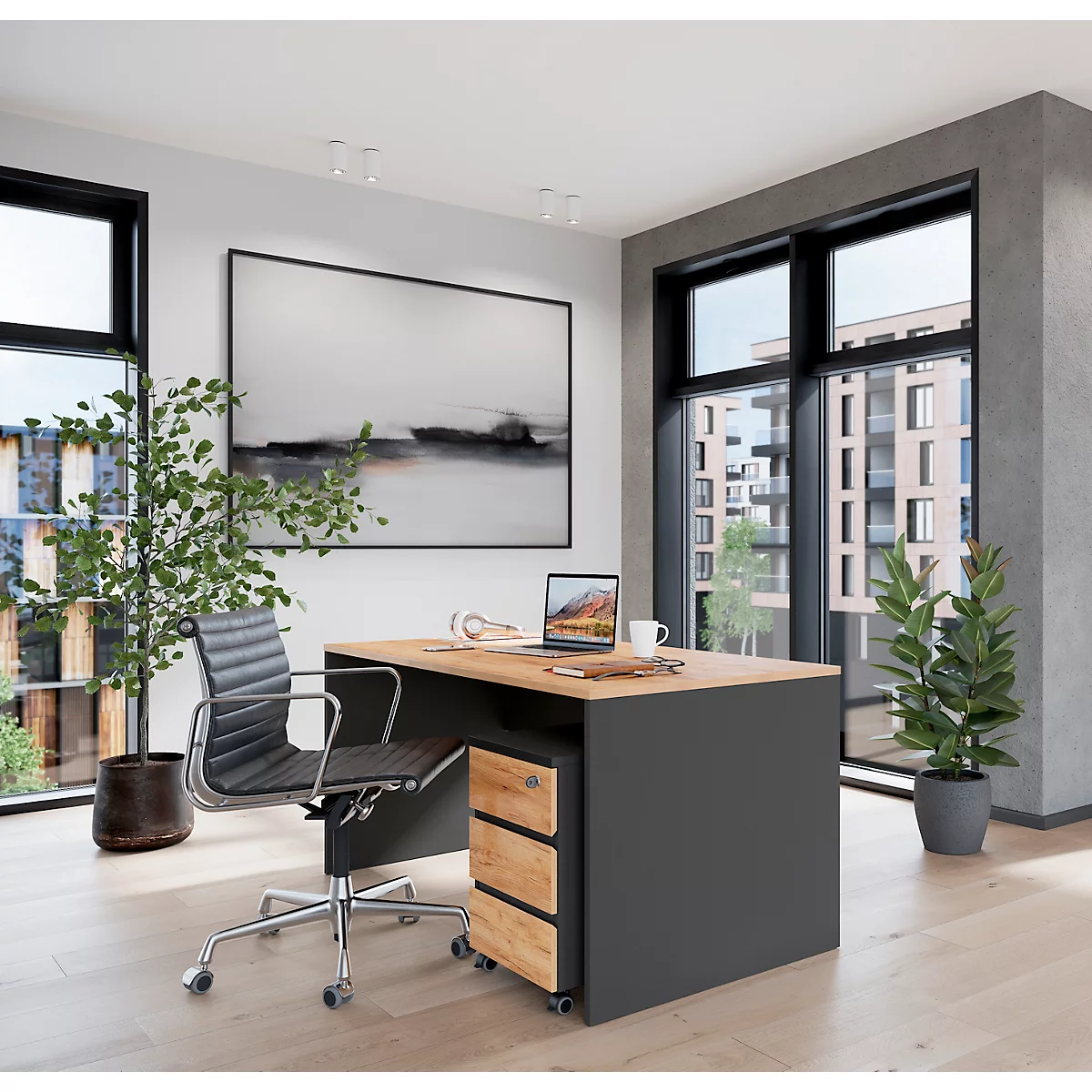 Ensemble de meubles de bureau Boston en 3 parties, 1 bureau à joues, L 1580 x P 790 mm, 1 caisson à roulettes, L 410 x P 500 x H 600 mm, anthracite/chêne Navarra
