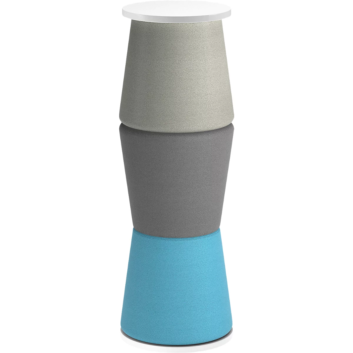 Tabouret en trois parties, coloré, avec une assise ronde blanche. Les parties centrales sont grises, beiges et bleu clair.