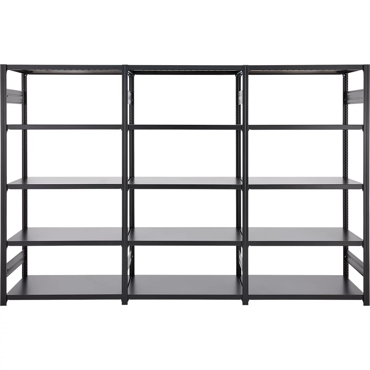 Étagère noire avec trois sections et quatre niveaux par section.