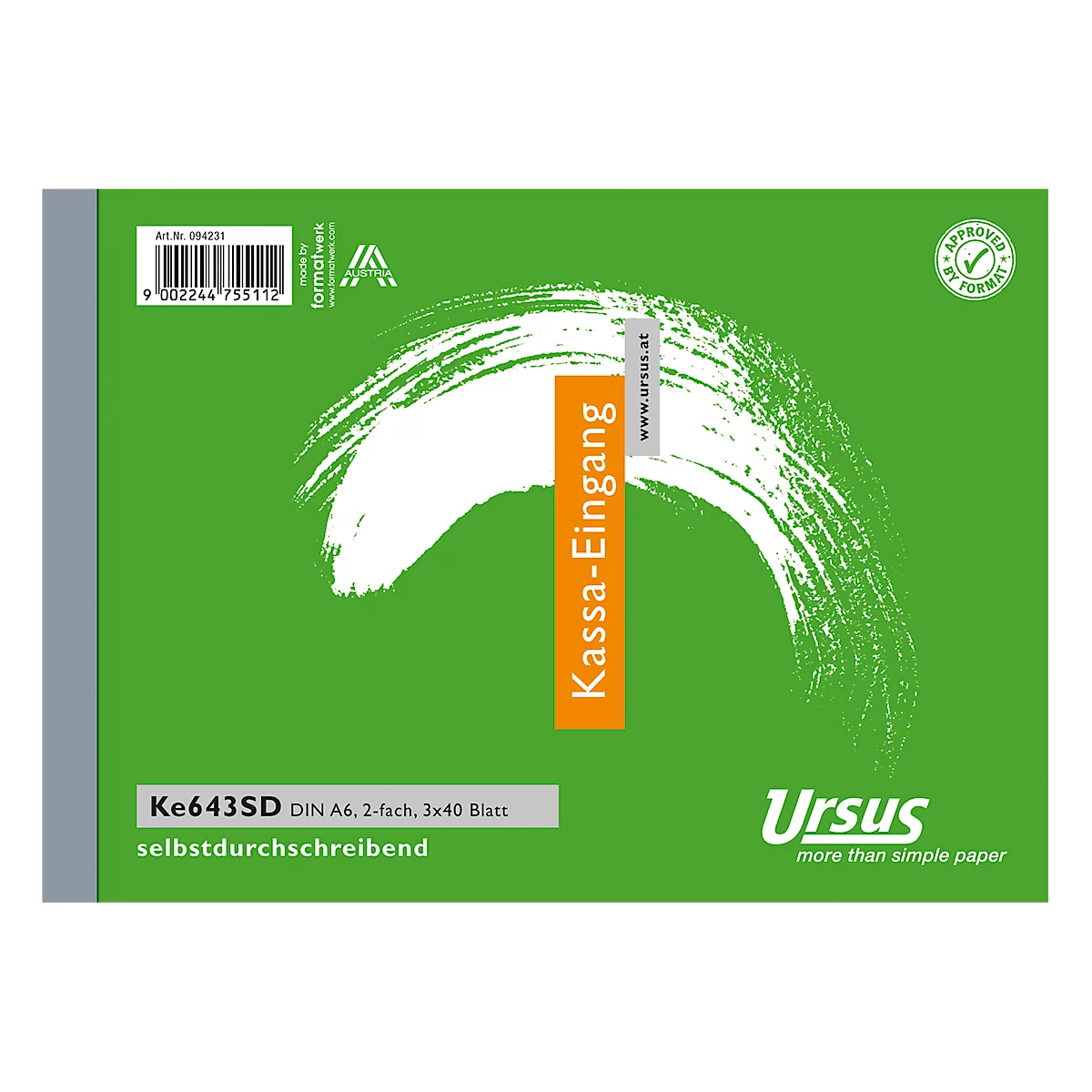 Cahier vert avec lettrage orange "Kassa-Eingang", détails : numéro d'article, nom, "Ursus - more than simple paper".
