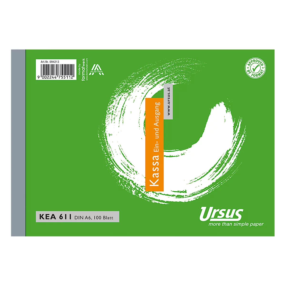Cahier Ursus vert avec impression. Rectangle orange avec "Kassa Ein- und Ausgang". En dessous "Ursus" et logo.