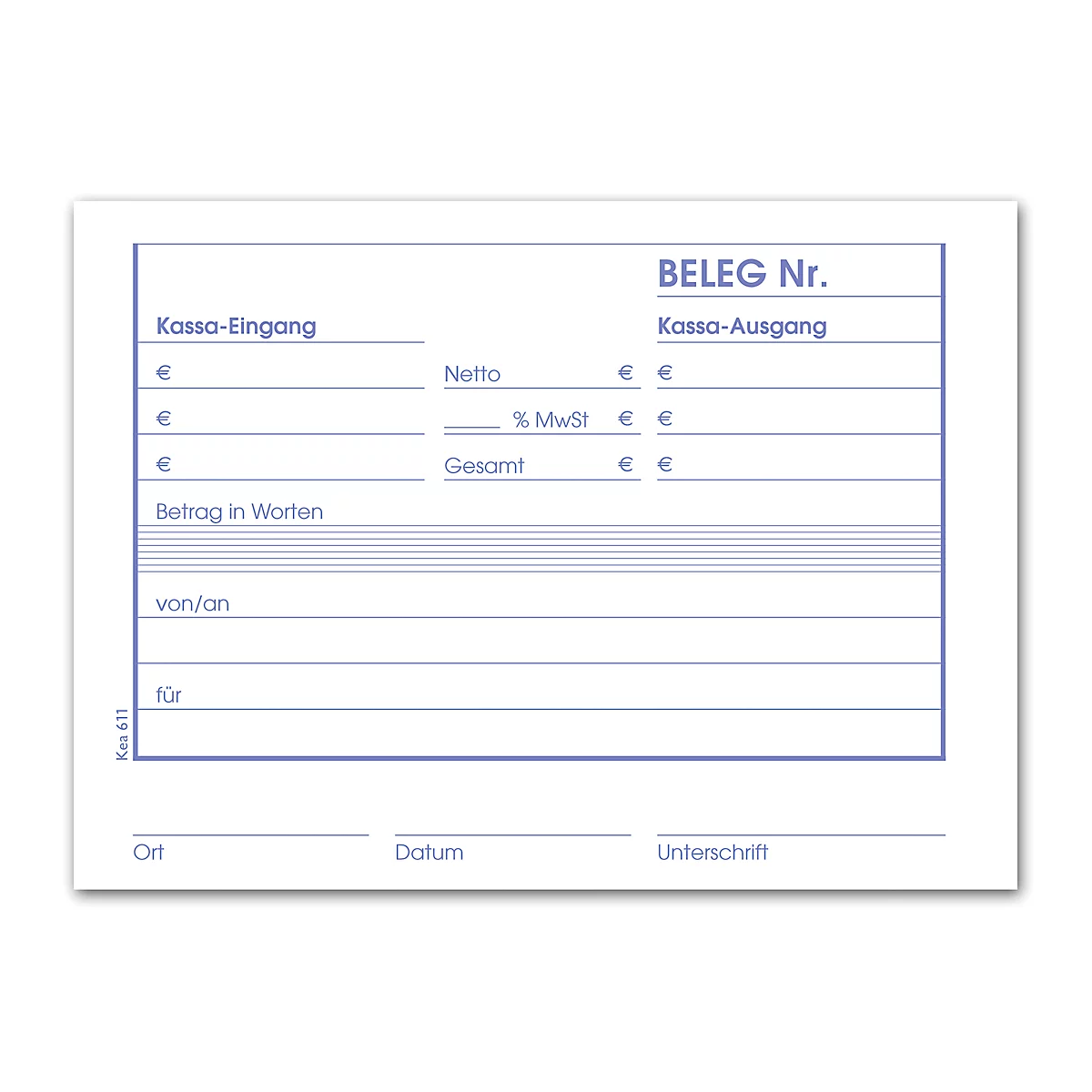Un formulaire blanc avec un cadre bleu et du texte. En haut, il est écrit "BELEG Nr." et "Kassa-Eingang". Zones pour les montants et les signatures.