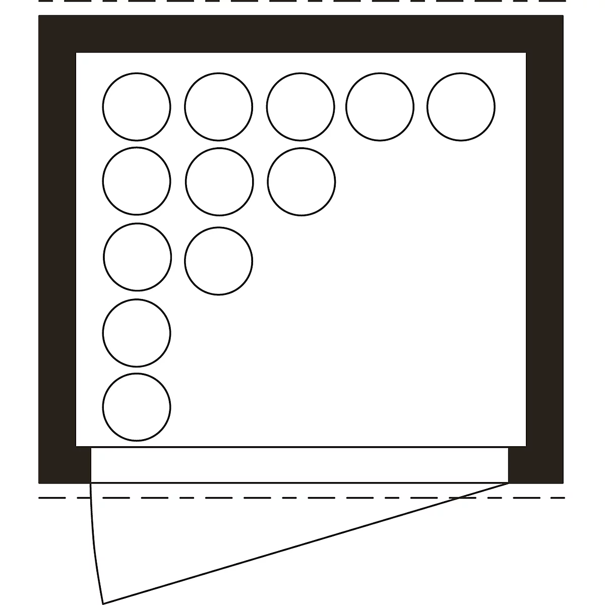 Vue de dessus d'un plan d'étage rectangulaire. 12 cercles se trouvent aux coins du rectangle. Le reste est vide.