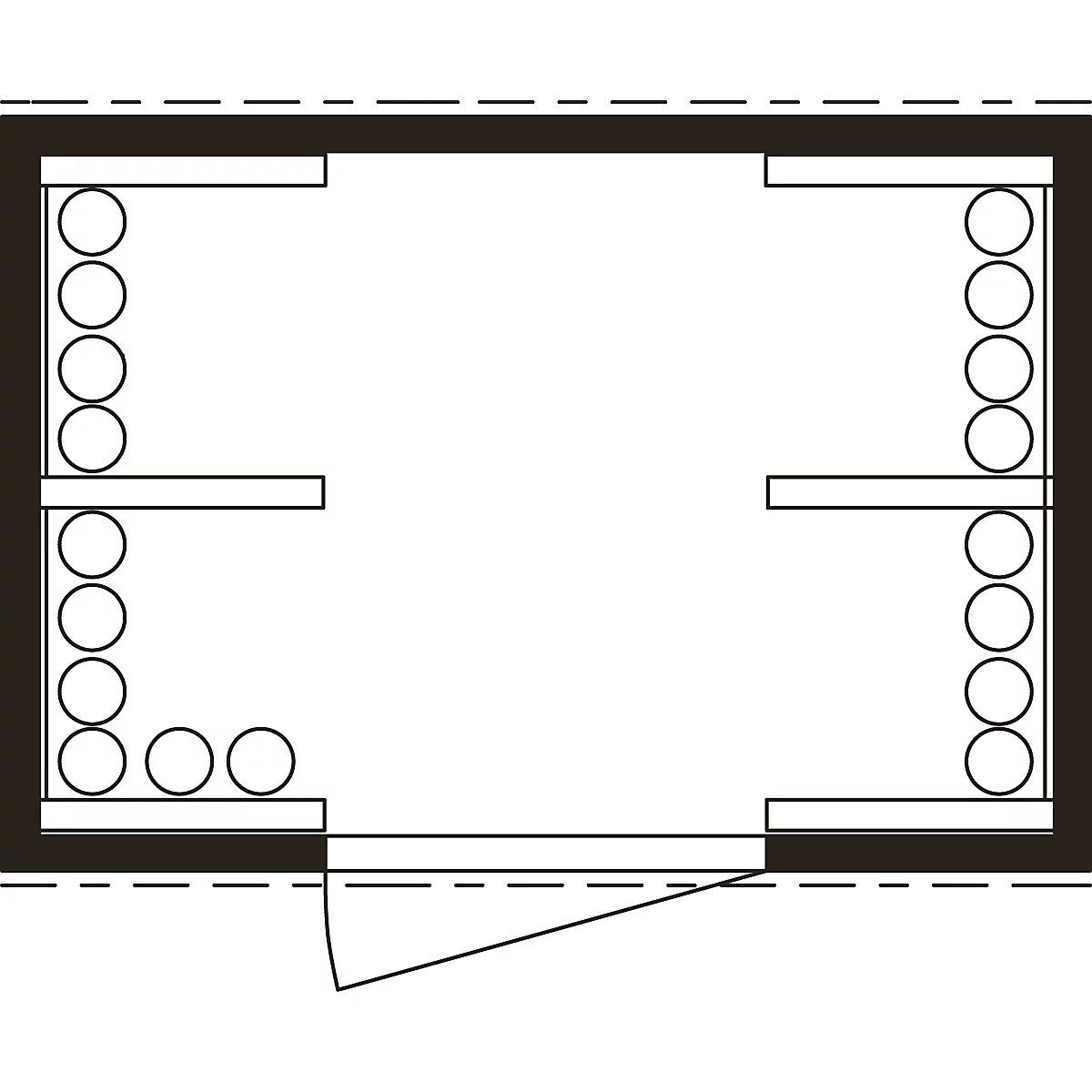 Vue de dessus d'une pièce avec des étagères remplies d'objets ronds, probablement des bouteilles ou des récipients.