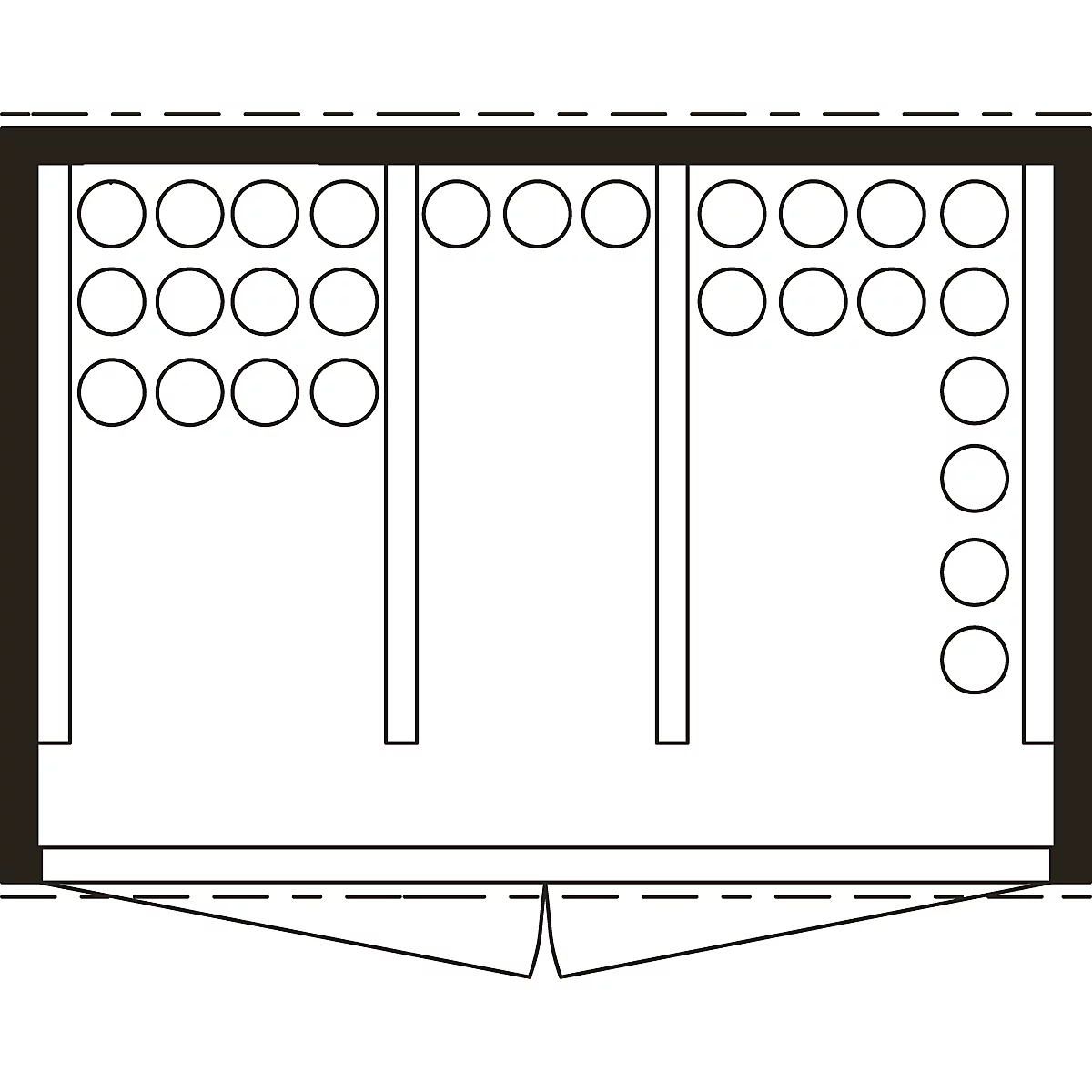 Vue de dessus d'un dessin de cave à vin avec des étagères. Les renfoncements ronds sont destinés aux bouteilles.