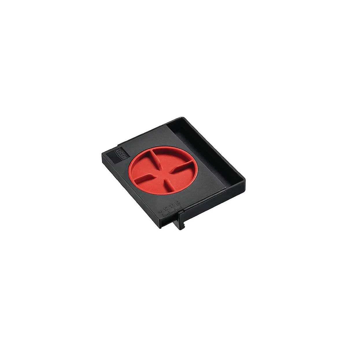 Guide de perçage noir avec insert rouge. Lit "BESSEY". Une échelle indique les mesures.