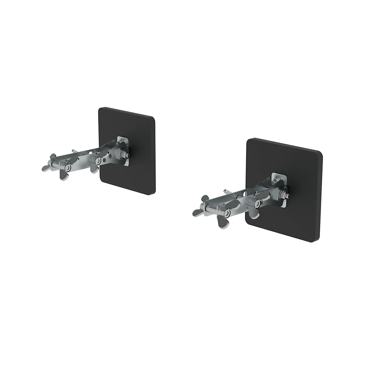 Deux supports noirs sur le mur. Bras métalliques, papillons.