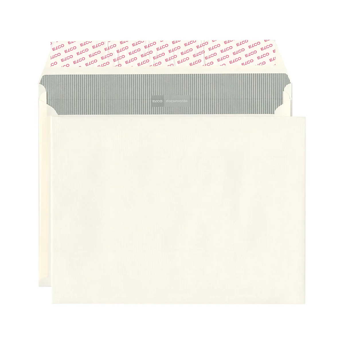Opened cream-colored envelope with gray striped inside and red adhesive strip.