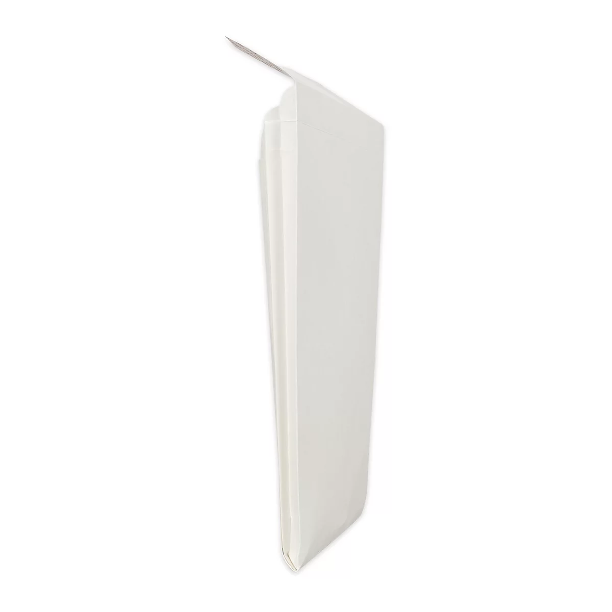 A white, rectangular paper package leaning at an angle. The top of the package is slightly open.
