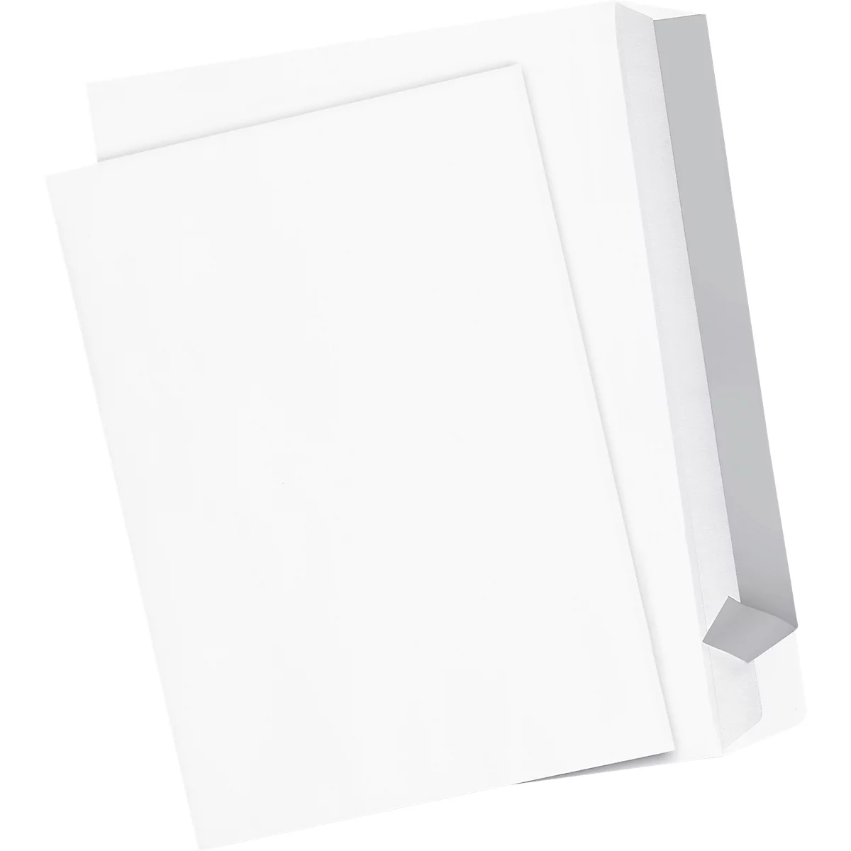A stack of white paper sheets, slightly tilted, in front of a white frame.