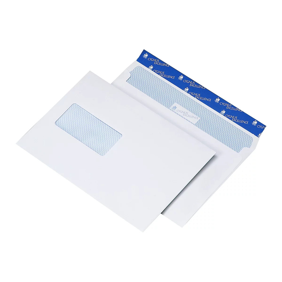 Two white envelopes. One has a window, the other a blue strip with text.