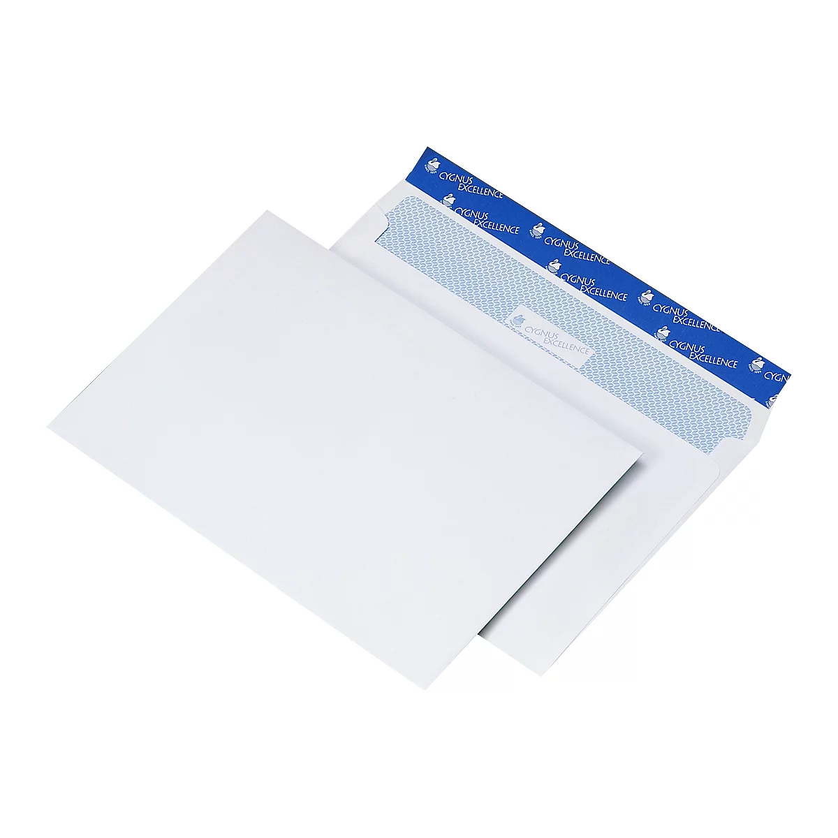 Two white envelopes, one open, with a blue strip and lettering. The lower envelope is in the background.