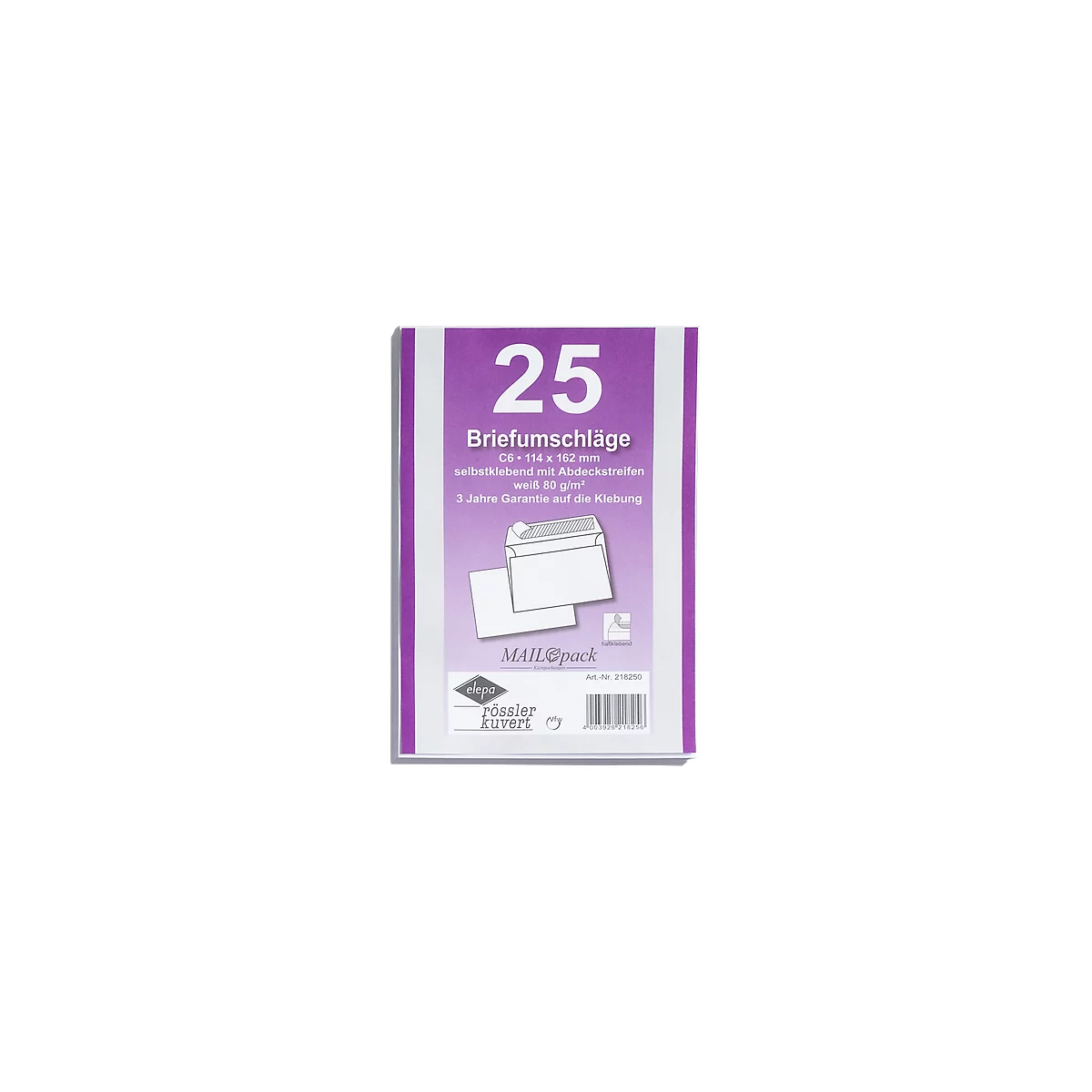 Pack of 25 white envelopes, C6 size, self-adhesive with cover strips, 80 g/m² and 3 years warranty.