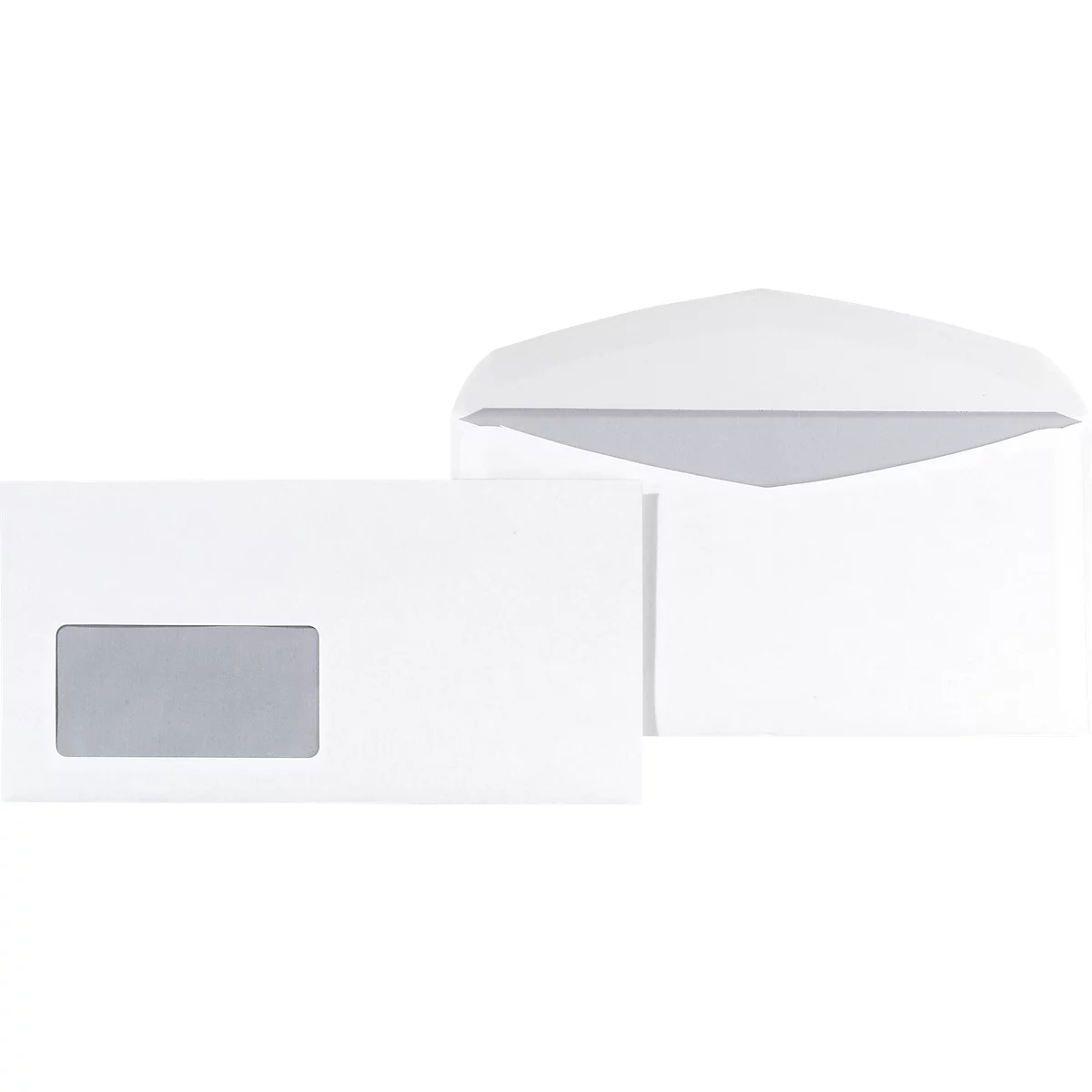 Two white envelopes, one with a window, on a white background.