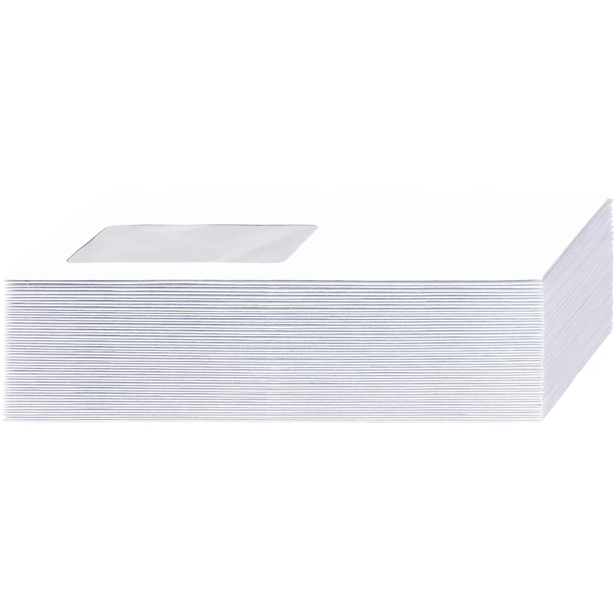Stack of white envelopes with a clear window, showing transparent material.