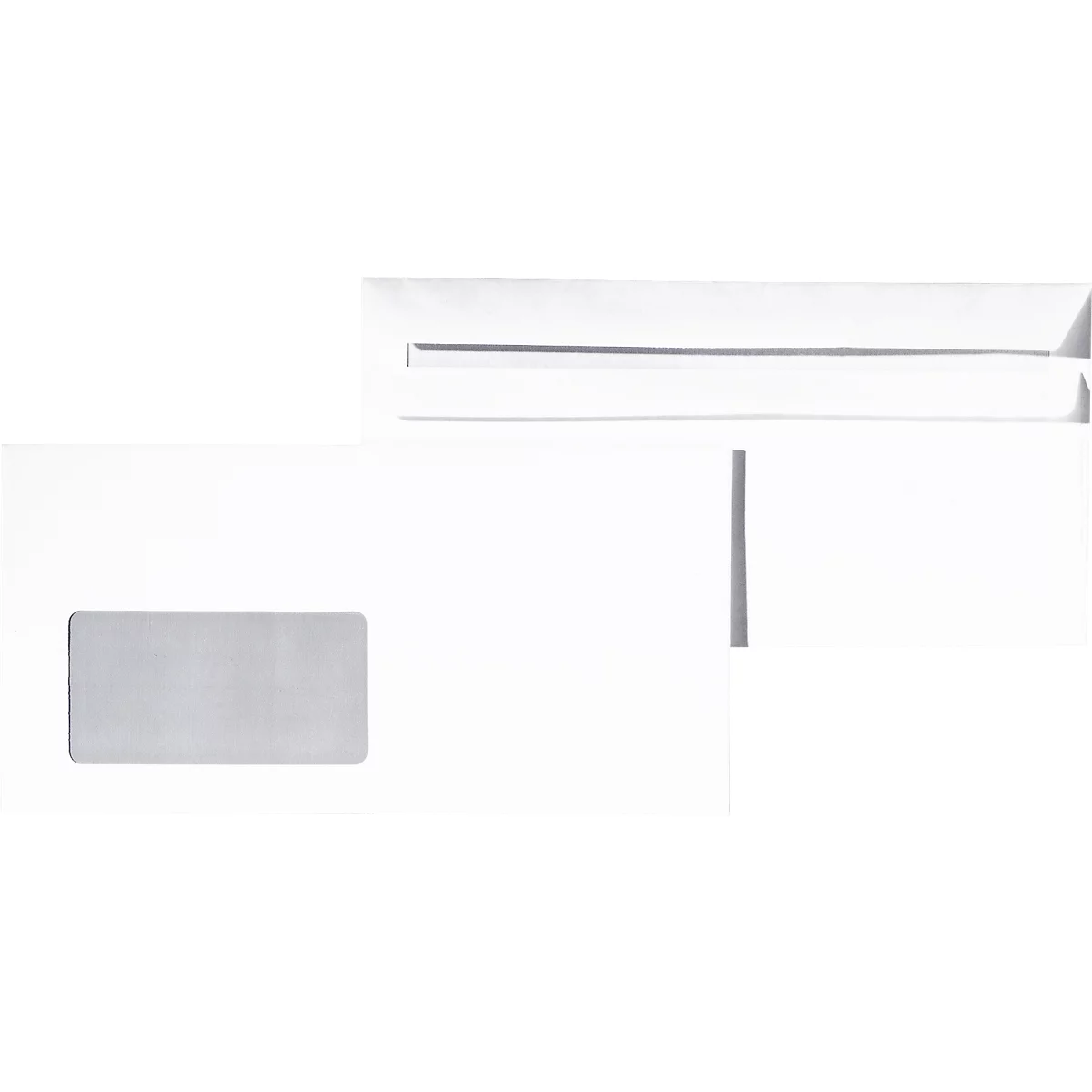 White envelope with window, view of the window and closure flap.