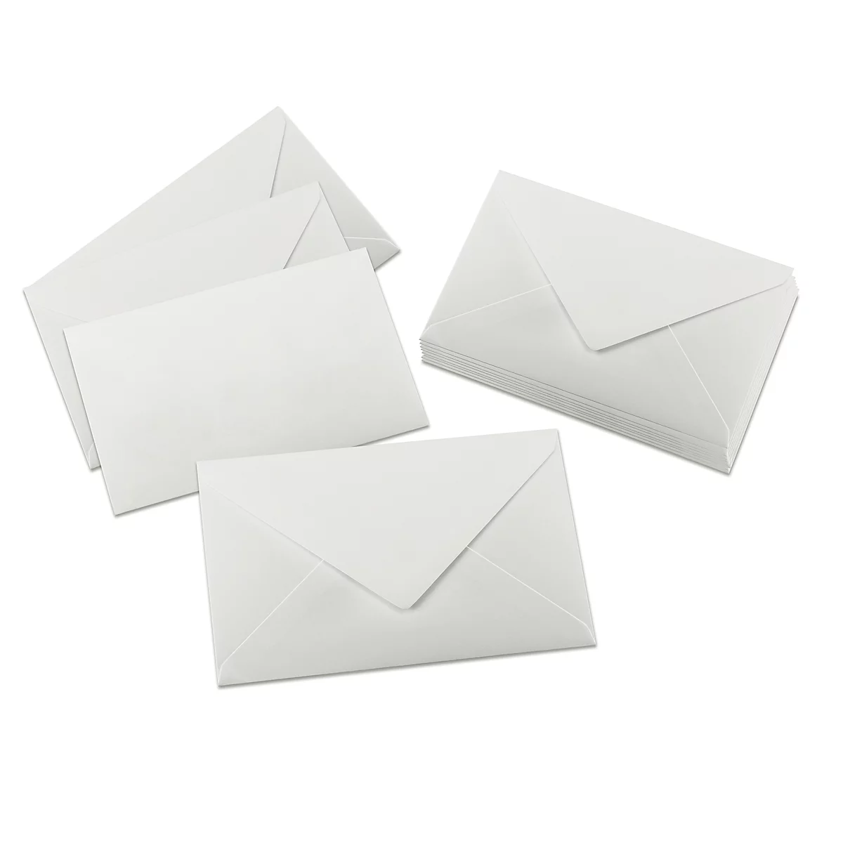 White envelopes on a white background. Some are stacked, others are individual.