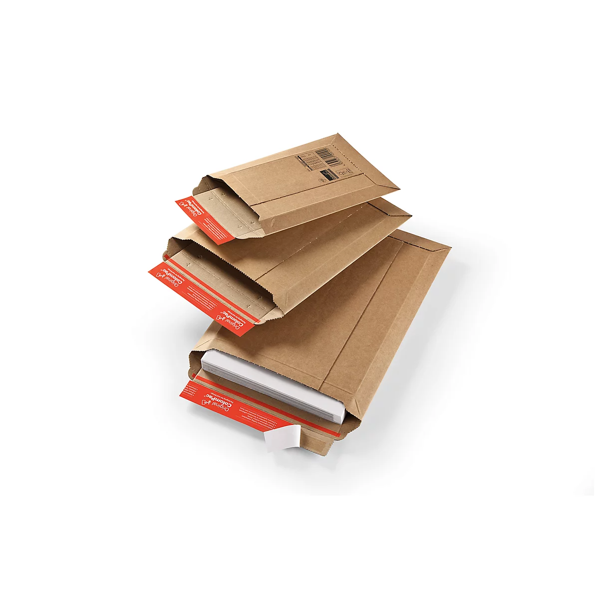 Three brown shipping envelopes stacked, partially open. One contains a white product. Red adhesive strips.