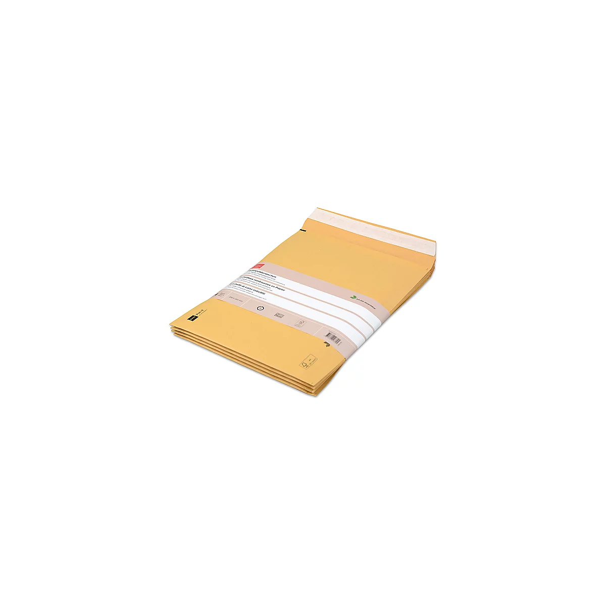 Une pile de pochettes à bulles jaune-brun. Une bande de fermeture est en haut.