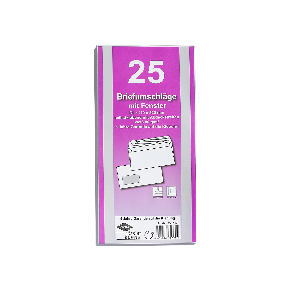 Enveloppen, 110 x 220 mm (DL), met venster links, klevend, pak van 25 stuks