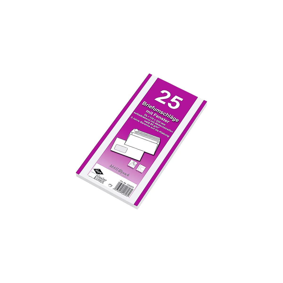 Enveloppen, 110 x 220 mm (DL), met venster links, klevend, pak van 25 stuks