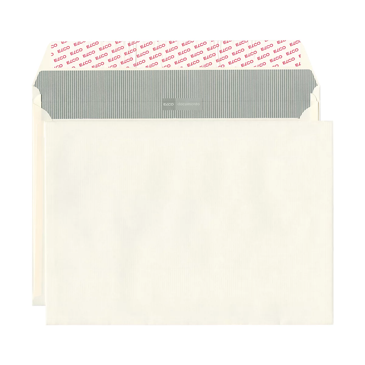Enveloppe ouverte, de couleur crème. En haut se trouve une zone grise avec des rayures, en dessous une bande adhésive.