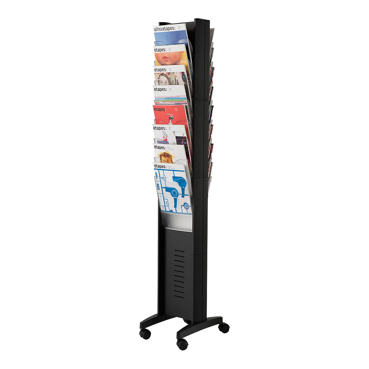 Black magazine rack on wheels, filled with various magazines. Vertical arrangement.
