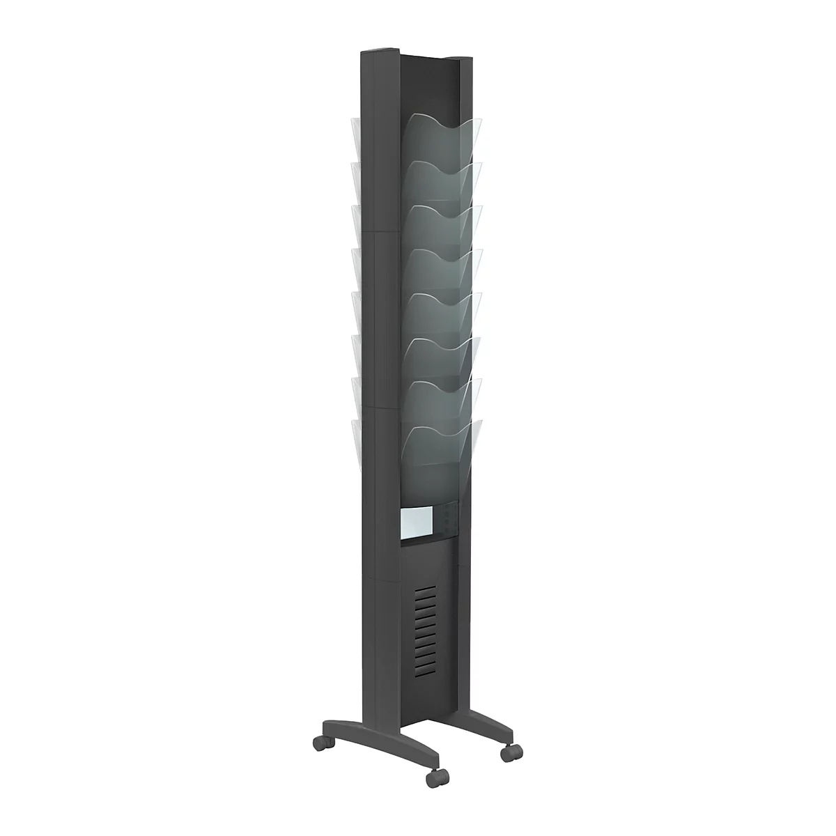 Black brochure stand, on wheels, with multiple compartments. The compartments are wave-shaped and hold brochures.