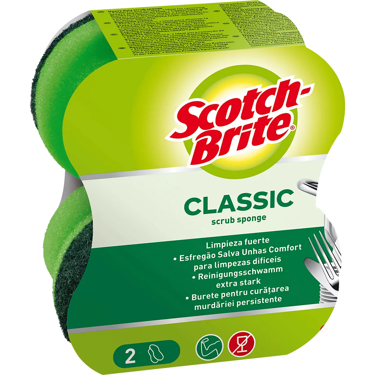 Deux éponges Scotch-Brite vertes et jaunes dans un emballage. L'emballage indique "CLASSIC scrub sponge".