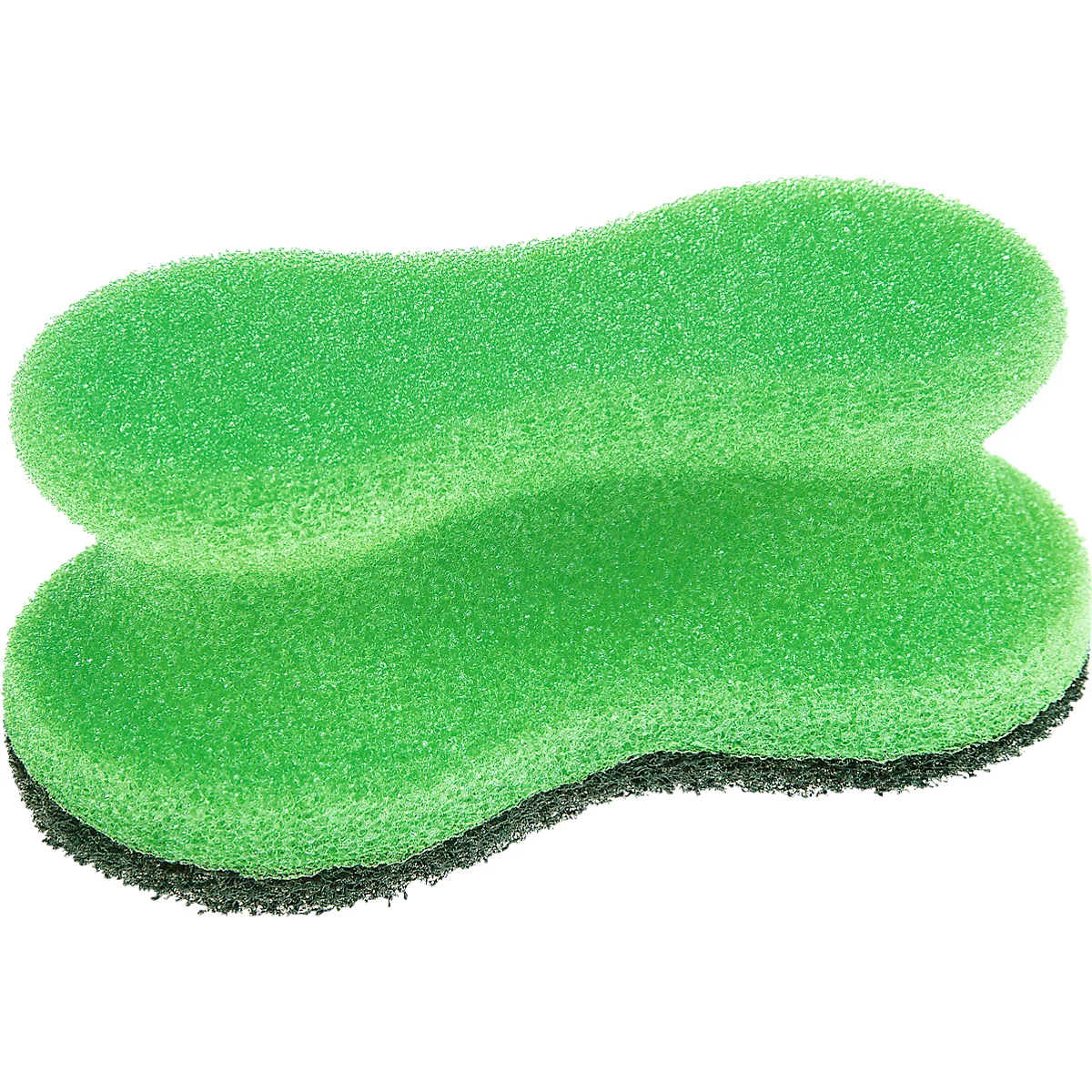 Une éponge verte en forme de huit couché, avec un bord sombre.