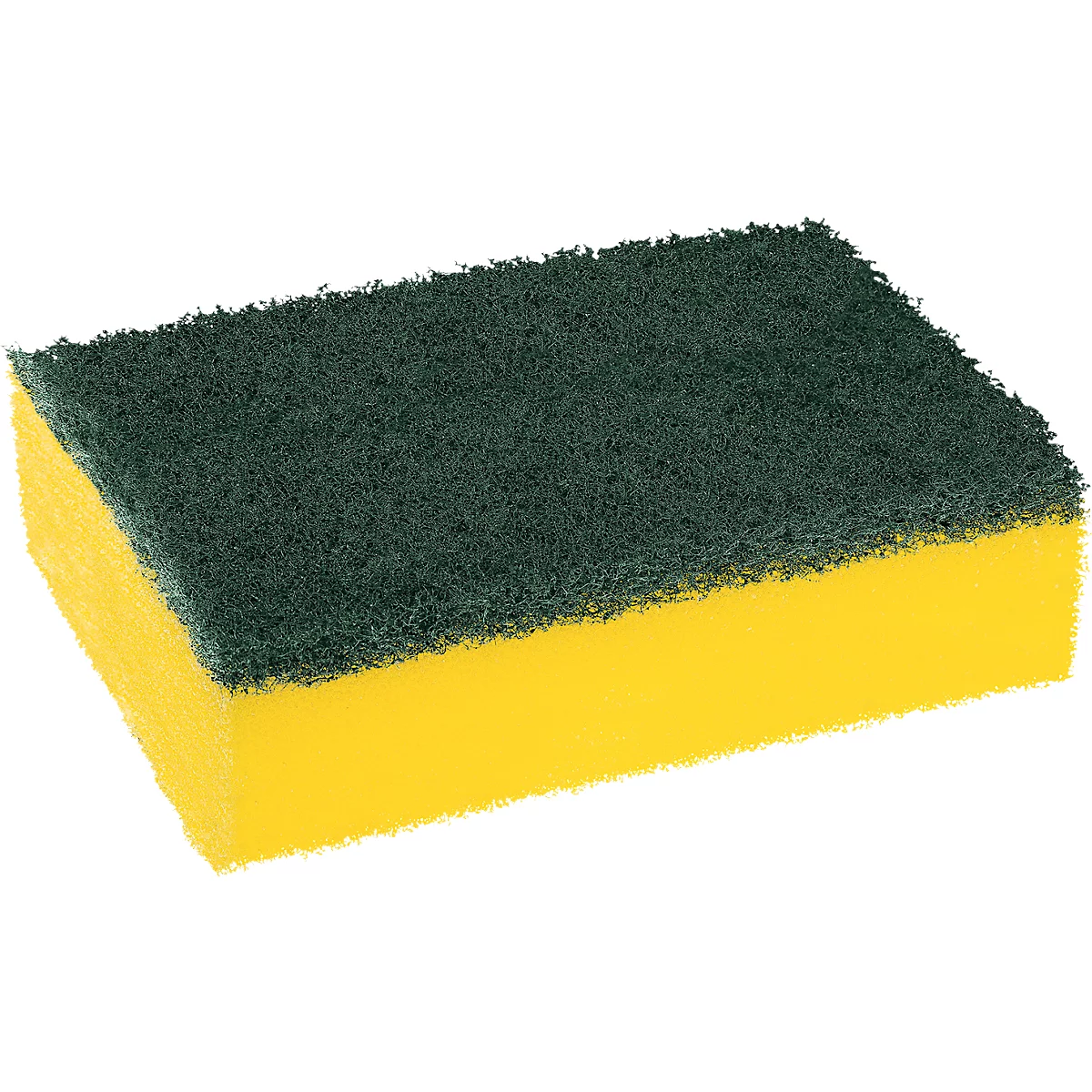Éponge jaune avec surface à récurer verte. Ustensile de nettoyage rectangulaire pour la cuisine.