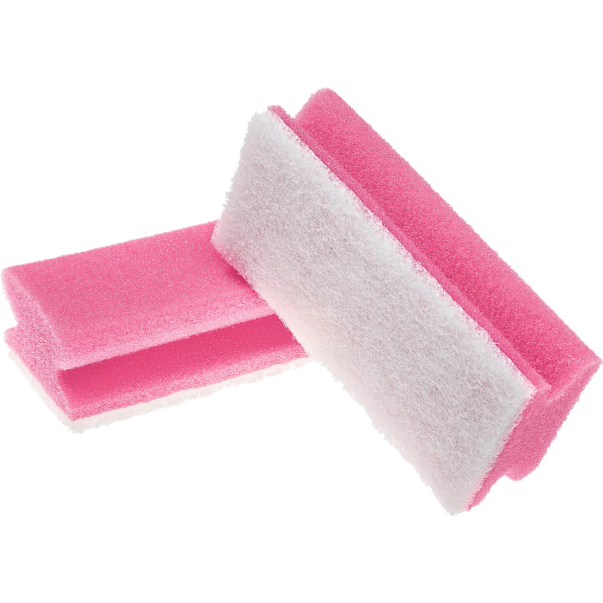 Deux éponges rectangulaires, l'une couchée, l'autre debout. Côtés roses avec surface abrasive blanche.