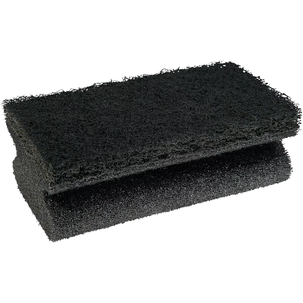 Deux éponges de nettoyage noires sont superposées. Les surfaces sont rugueuses et poreuses.
