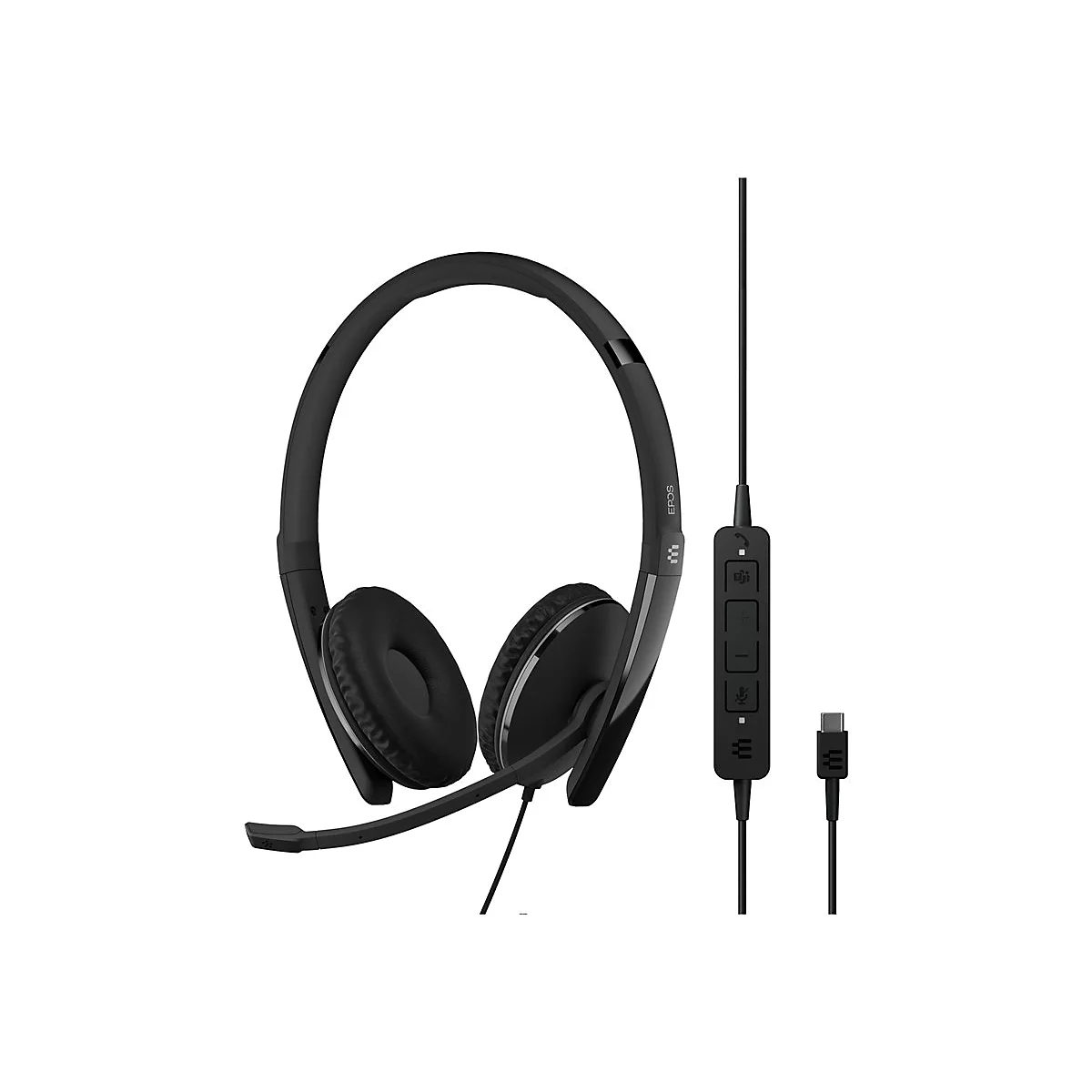Schwarzes Headset mit BÃ¼gel und Mikrofon. Am Kabel befindet sich eine Bedieneinheit und ein USB-C-Stecker.