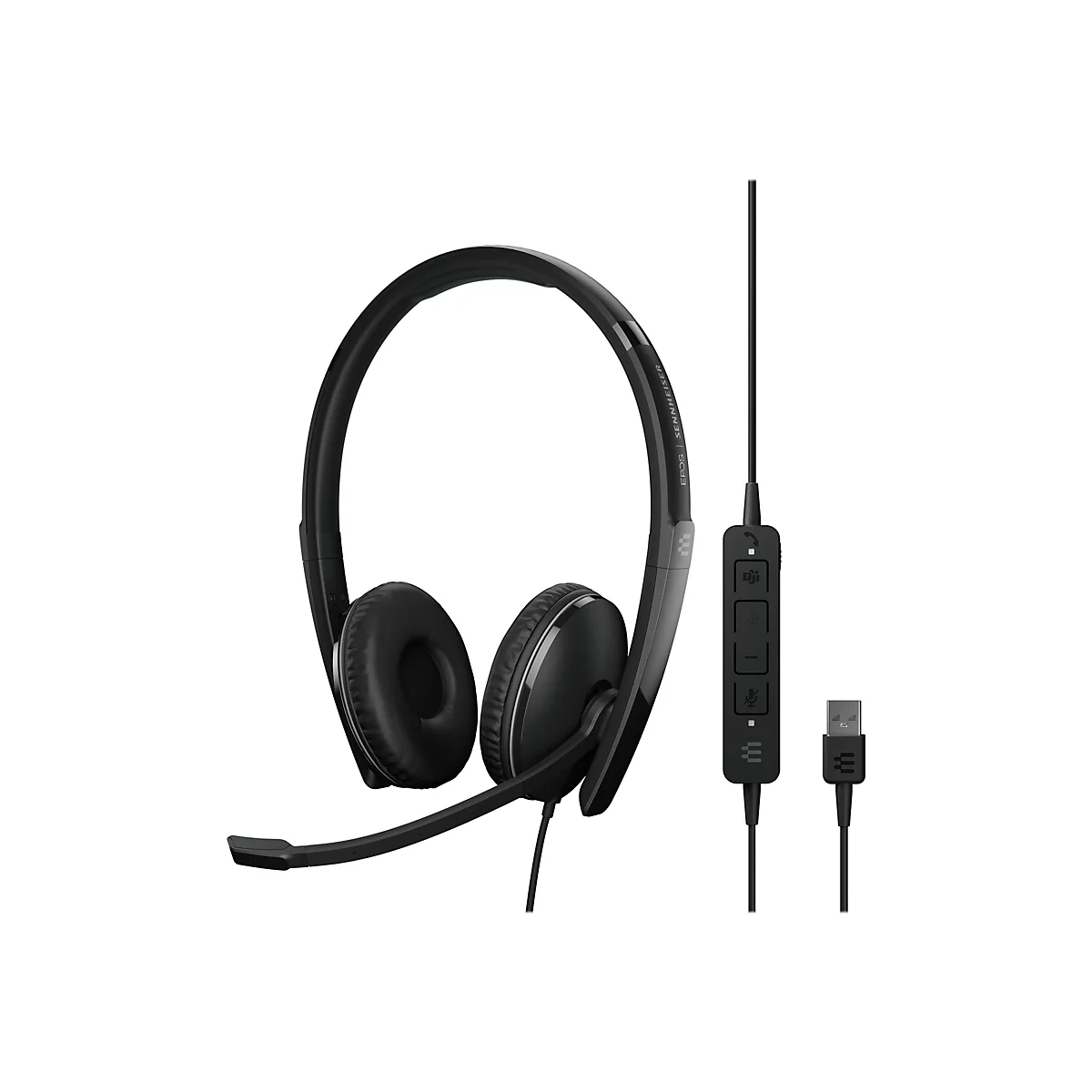 Schwarzes Headset mit Bügel, Ohrmuscheln, Mikrofon und Kabel. Auf dem Bügel steht "EPOS | SENNHEISER". An den Kabeln befinden sich ein Bedienfeld und ein USB-Stecker.