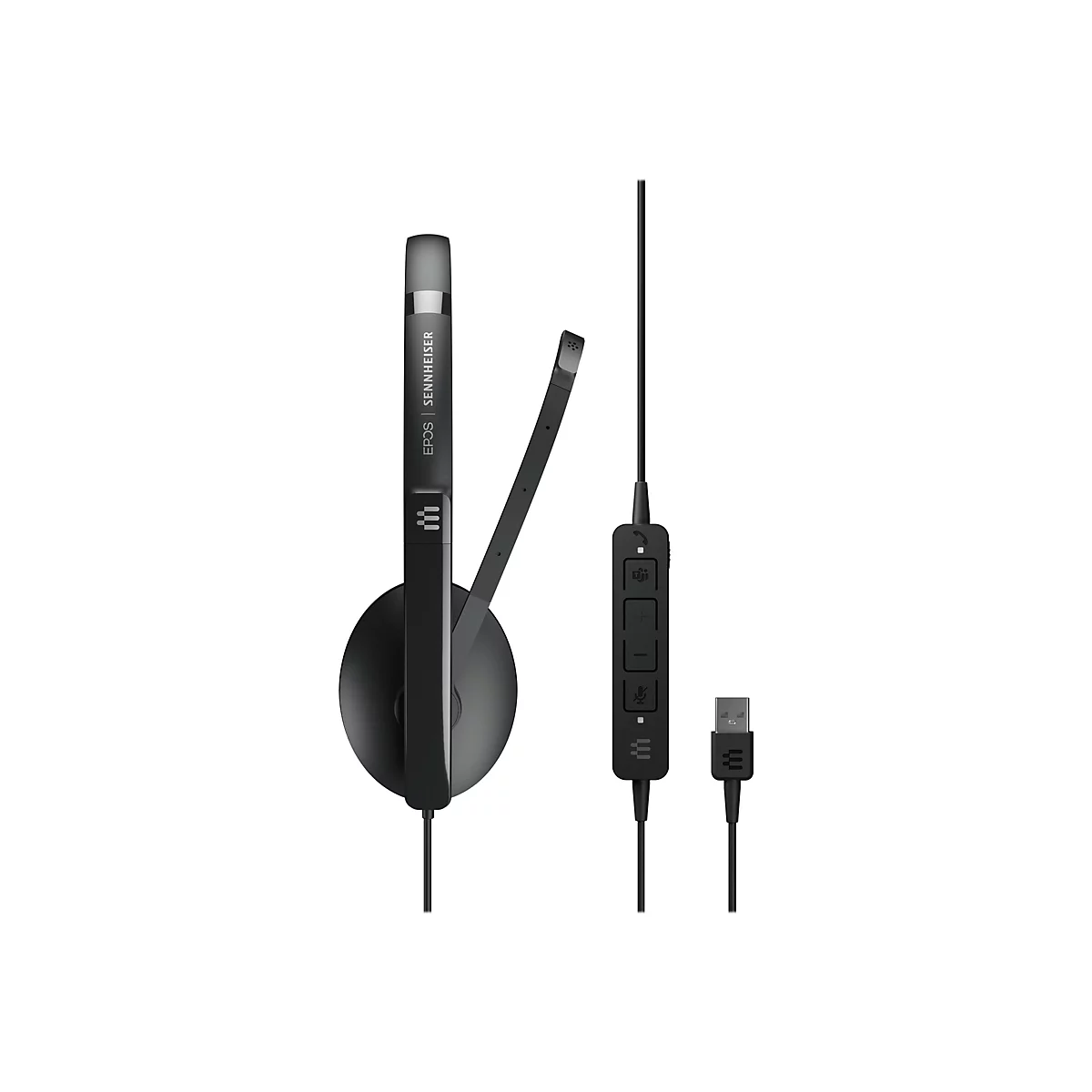Schwarzes EPOS | Sennheiser-Headset mit Mikrofon und Bedienelementen.