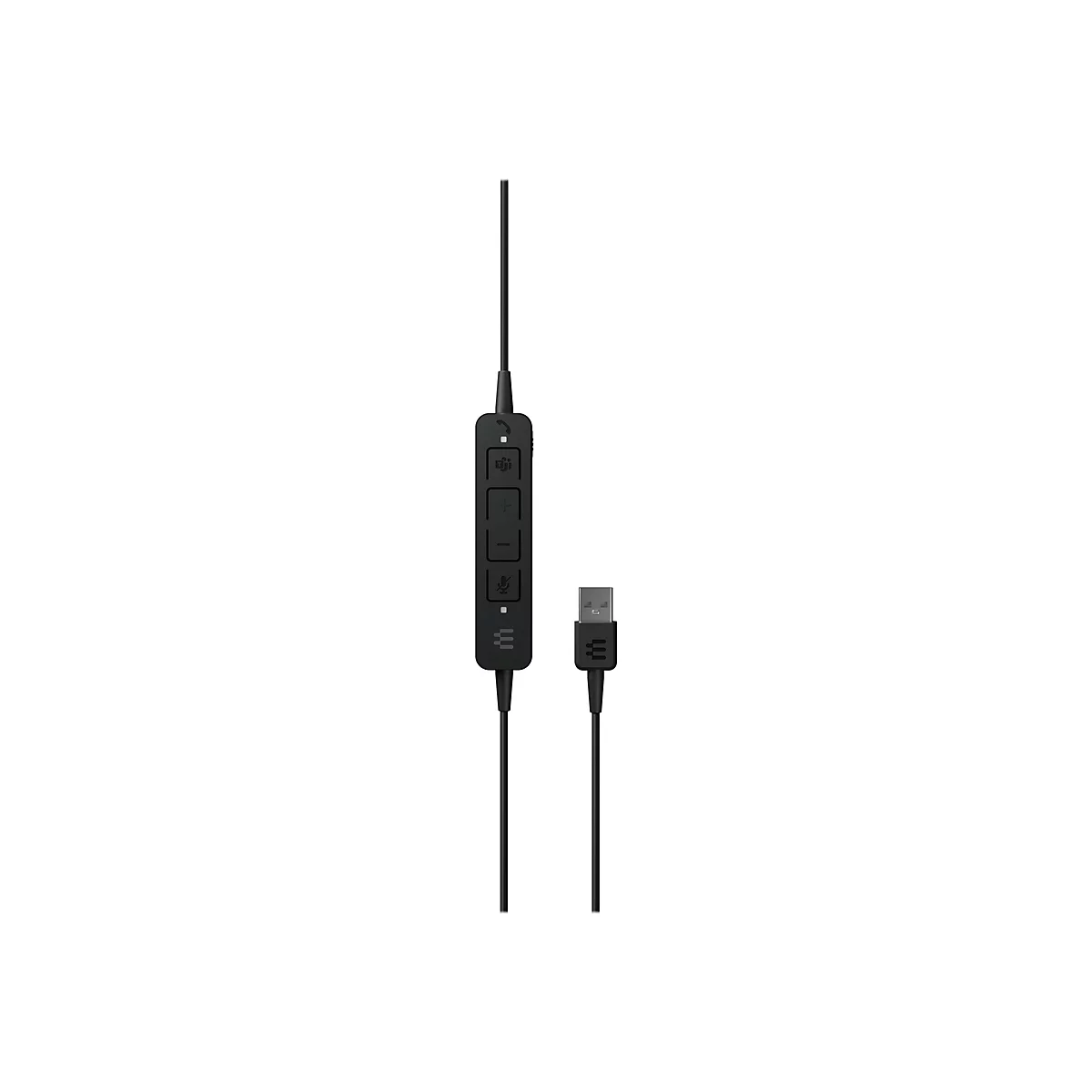 Schwarzes Headset-Zubehör mit Kabel. Es hat eine Steuerungseinheit mit Tasten und einen USB-Stecker.