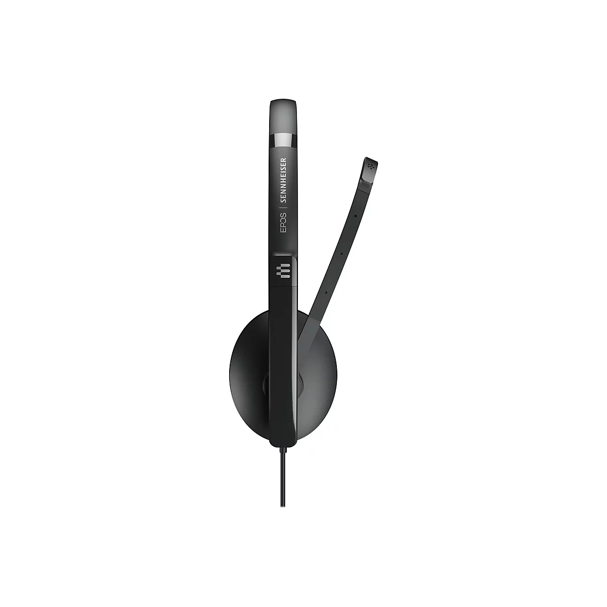 Schwarzes Headset mit Mikrofon, seitlich platziert, Markenlogo EPOS | Sennheiser.