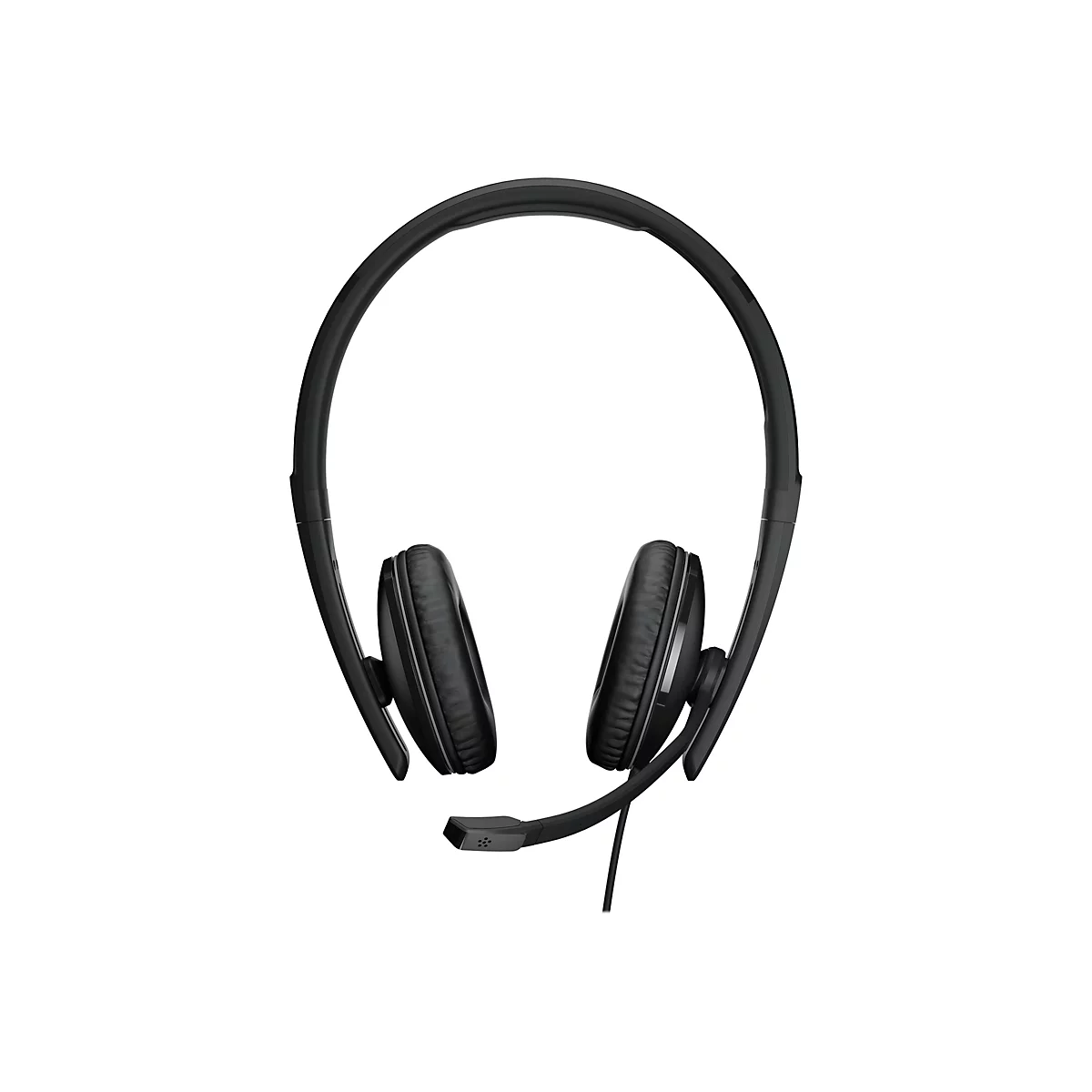Schwarzes Headset, Bügel und Ohrmuscheln. Mikrofon am linken Ohr. Kabel nach unten.