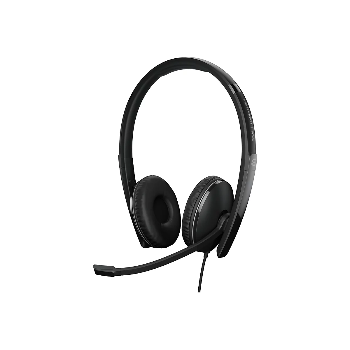 Schwarzes Headset mit Mikrofon. Der Kopfbügel und die Ohrmuscheln sind schwarz, mit dem Markenschriftzug EPOS | SENNHEISER auf dem Bügel.