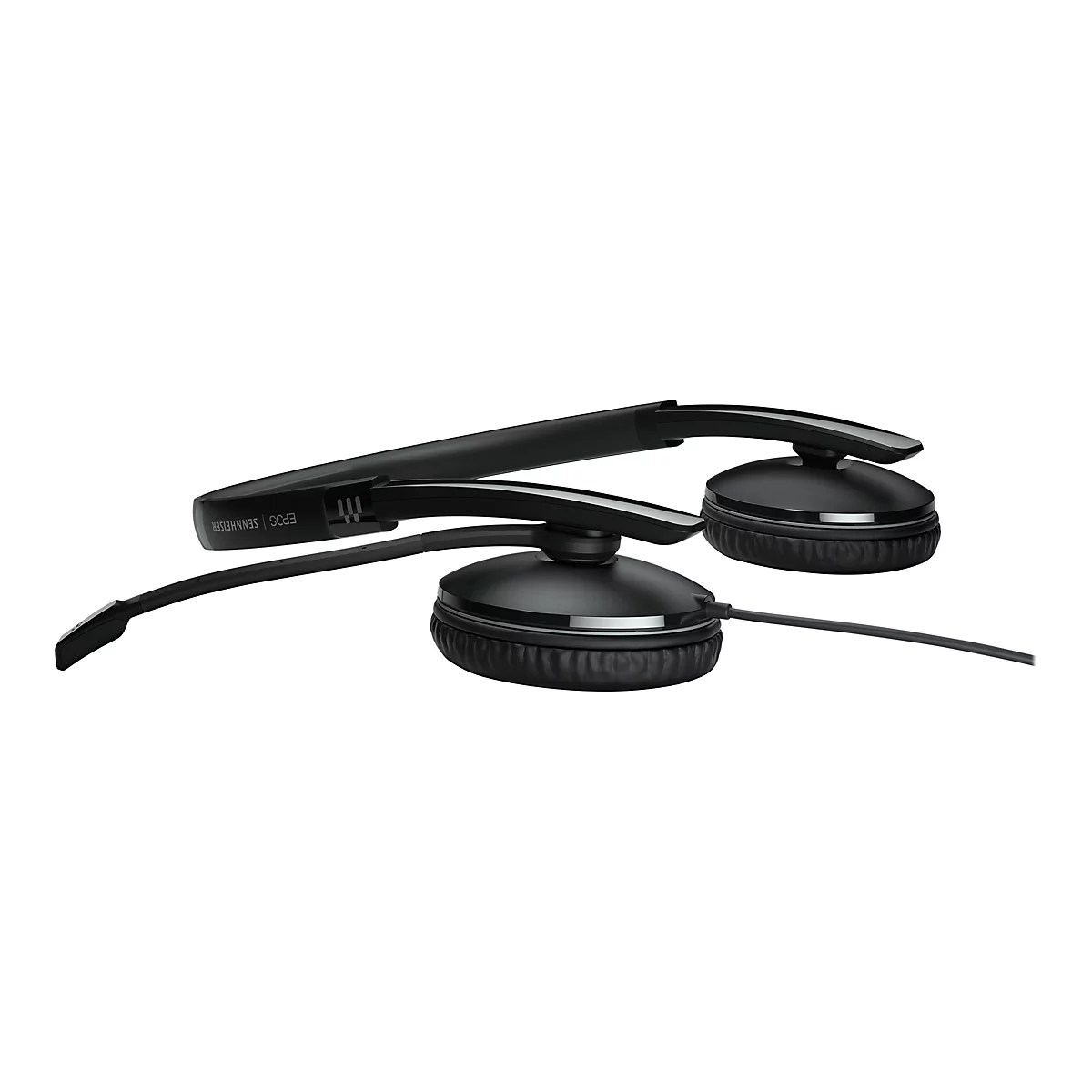 Schwarzes Headset mit Ohrpolstern, Bügel und Mikrofon. Der Bügel trägt den Schriftzug "EPOS SENNHEISER".