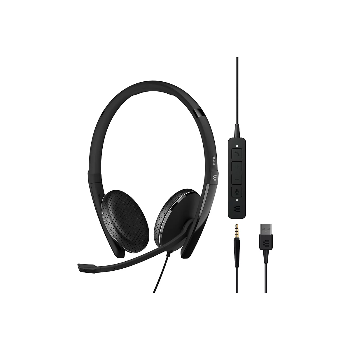 Schwarzes Headset mit Mikrofon. Inklusive Kabel mit Bedienelementen, Klinkenstecker und USB-Stecker.