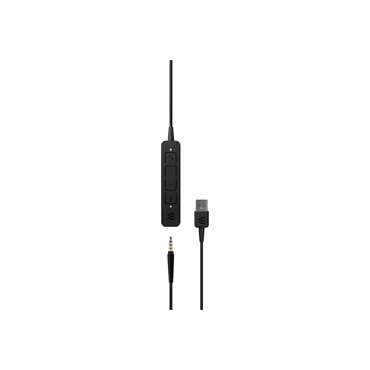 Schwarz-graues Audiokabel mit drei Anschlüssen: USB, 3,5-mm-Klinke und Bedienfeld mit Symbolen.