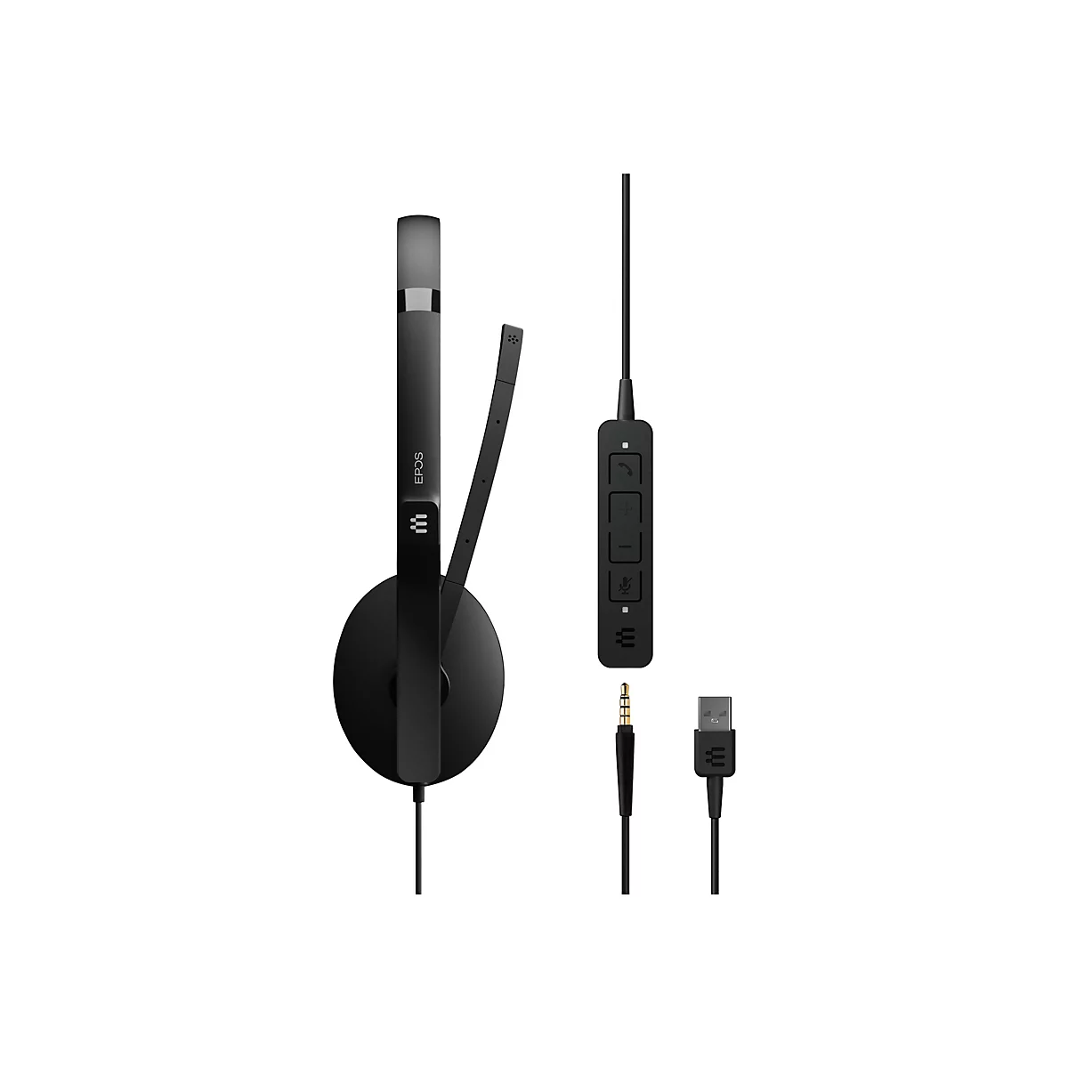 Schwarzes Headset mit Mikrofon, Kabeln, Inline-Bedienelement und Anschlüssen, freigestellt vor weißem Hintergrund.