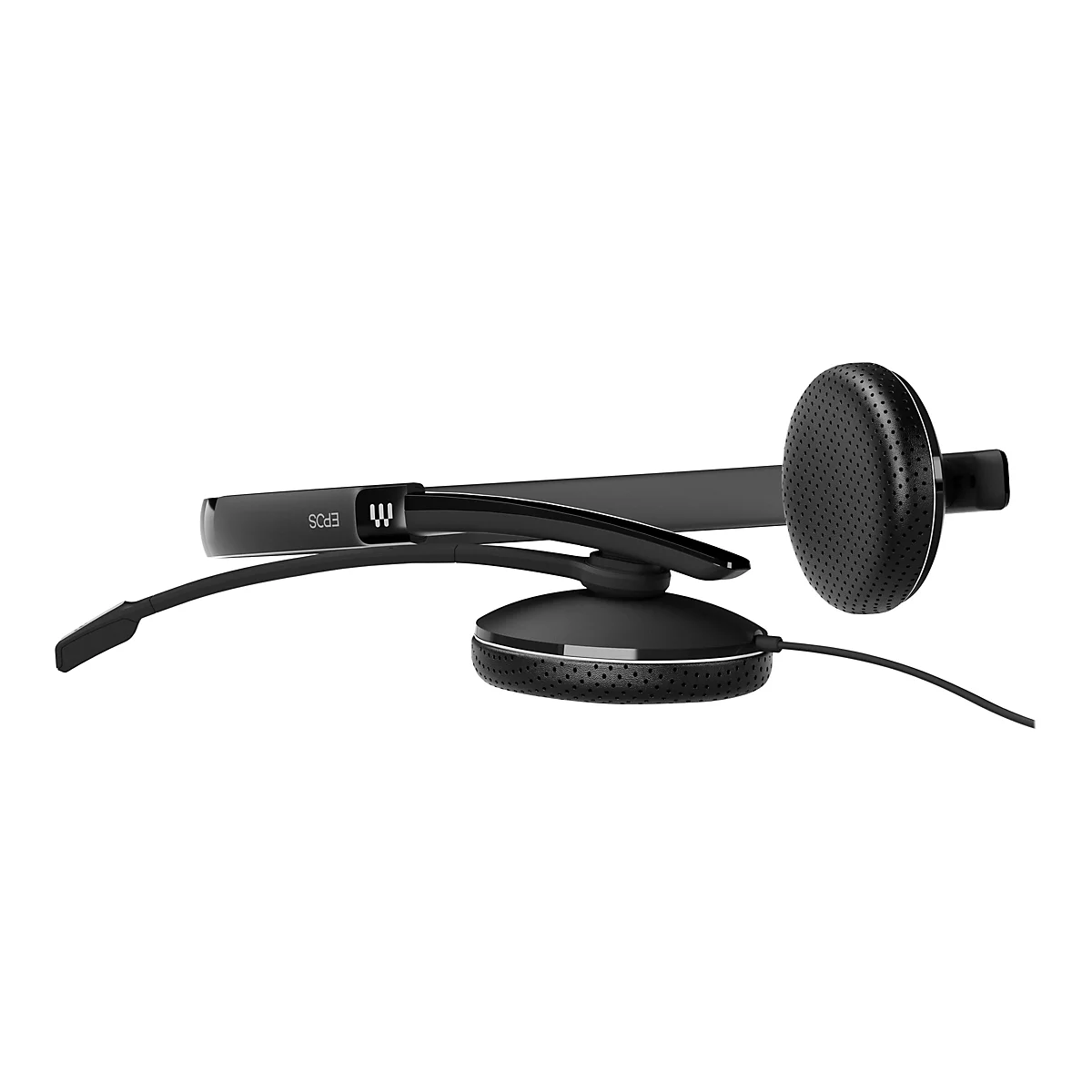 Schwarzes Headset, bestehend aus einem Ohrhörer mit Lochmuster und einem Mikrofonarm; Kabelanschluss.
